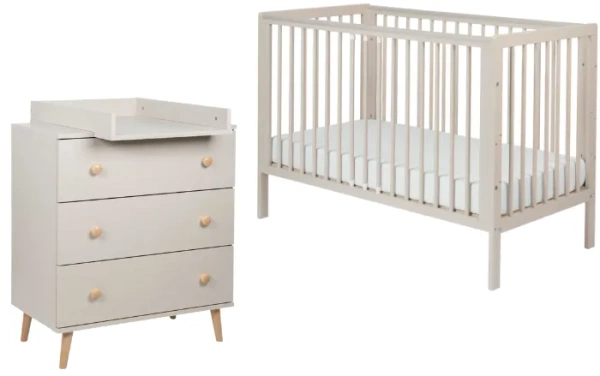 YOONCO - łóżeczko drewniane Timio + komoda z przewijakiem | Beż