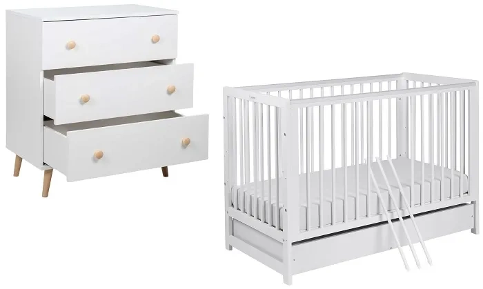 YOONCO - łóżeczko drewniane Timio z szufladą + komoda z przewijakiem | Białe