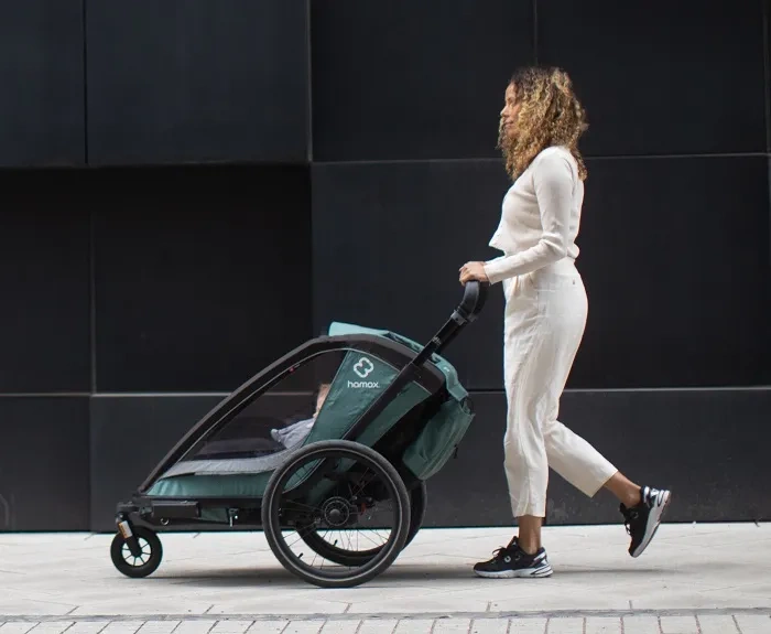 HAMAX Cocoon One - jednoosobowa przyczepka rowerowa z zestawem do biegania | Green/Black