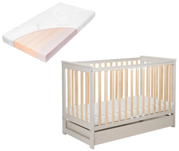 YOONCO - łóżeczko drewniane Iwi z szufladą i barierką + materac Air | Beż-Buk