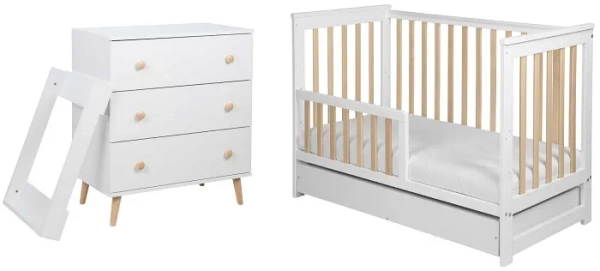 YOONCO - łóżeczko drewniane Iwi z szufladą + komoda z przewijakiem | Białe-Buk