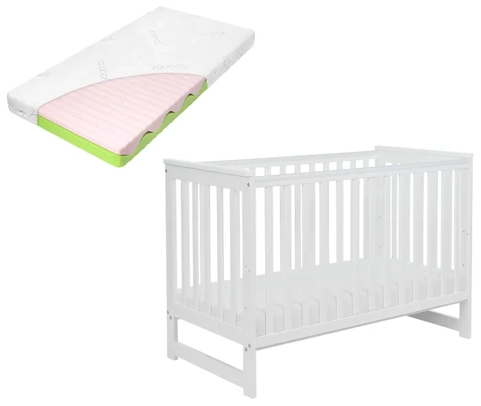 YOONCO - łóżeczko drewniane Iwi z barierką + materac Wave | Białe