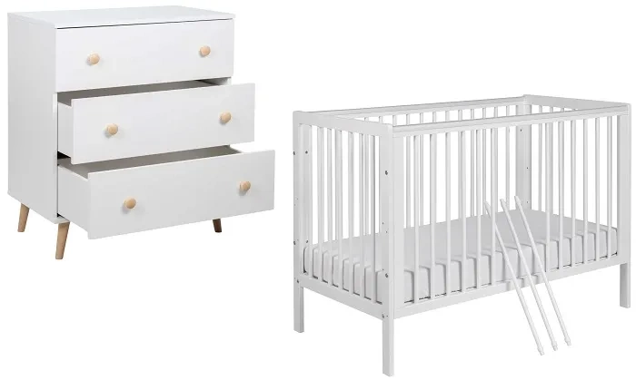 YOONCO - łóżeczko drewniane Timio + komoda z przewijakiem | Białe