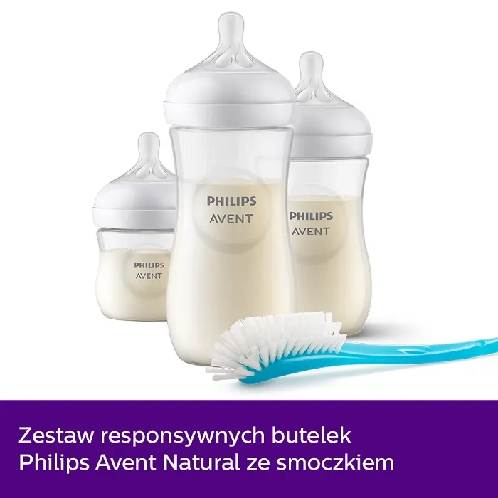 PHILIPS AVENT Natural Response - zestaw: 3 butelki ze smoczkiem + szczotka | 0 m+