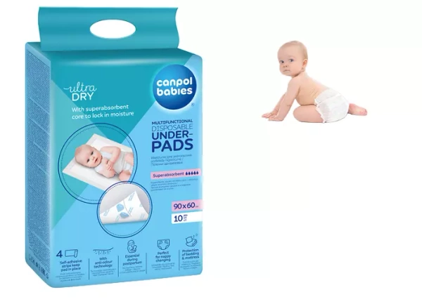 CANPOL BABIES - wielofunkcyjne podkłady higieniczne 90x60cm z paskiem samoprzylepnym | 10szt.