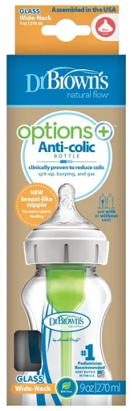 DR BROWN'S Options+ - antykolkowa, szeroka szklana butelka 270 ml, poziom 1 | 0 m+