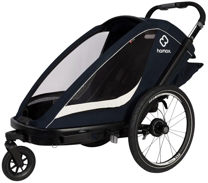 HAMAX Breeze One - jednoosobowa przyczepka rowerowa z zestawem do biegania | Navy/Cream