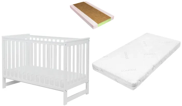 YOONCO - łóżeczko drewniane Iwi z barierką + materac Nature | Białe