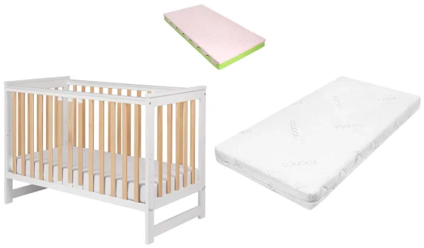 YOONCO - łóżeczko drewniane Iwi z barierką + materac Wave | Białe-Buk