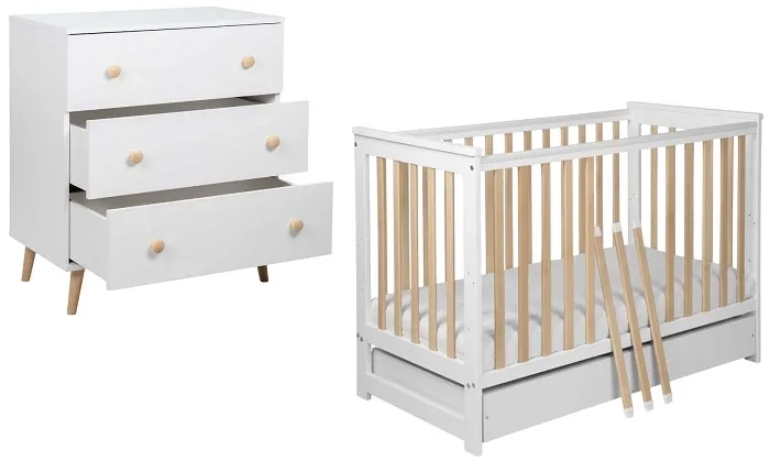 YOONCO - łóżeczko drewniane Iwi z szufladą + komoda z przewijakiem | Białe-Buk