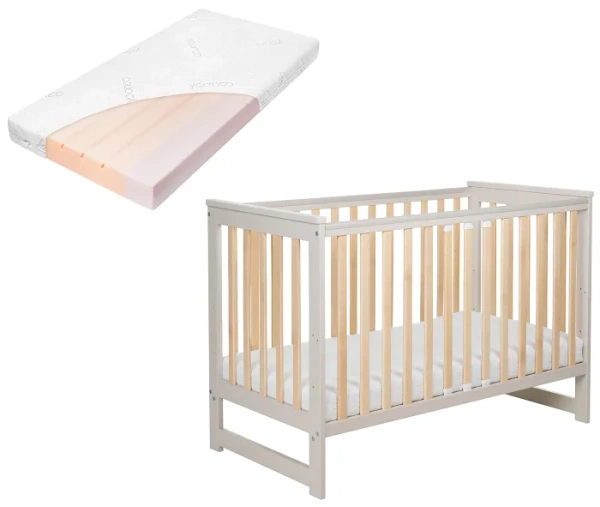 YOONCO - łóżeczko drewniane Iwi z barierką + materac Air | Beż-Buk