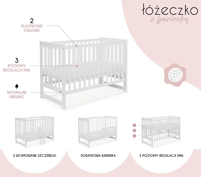 YOONCO - łóżeczko drewniane Iwi z barierką + materac Nature | Białe-Buk