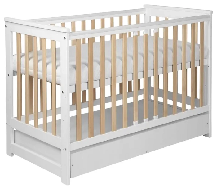 YOONCO - łóżeczko drewniane Iwi z szufladą + komoda z przewijakiem | Białe-Buk