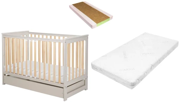 YOONCO - łóżeczko drewniane Iwi z szufladą i barierką + materac Nature | Beż-Buk