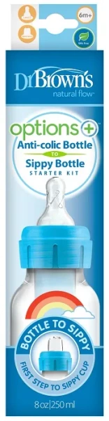DR BROWN'S Options+ - antykolkowa, wąska butelka standard 250 ml ze smoczkiem i ustnikiem 6 m+ | Niebieska
