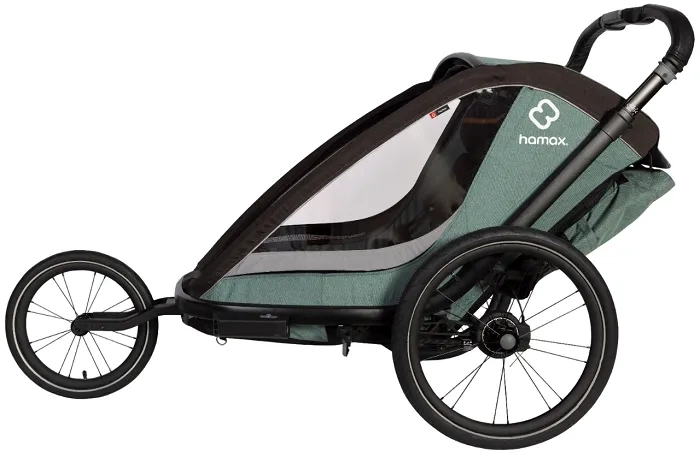 HAMAX Cocoon - dwuosobowa przyczepka rowerowa z zestawem do biegania | Green/Black