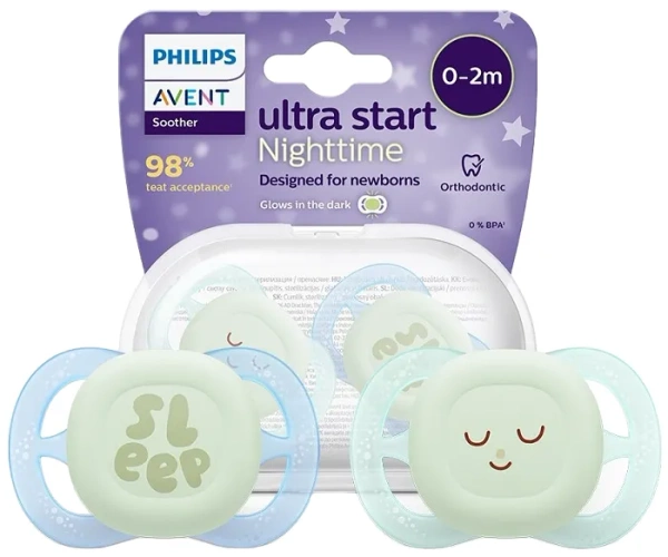 PHILIPS AVENT Ultra Start Nighttime - smoczek ortodontyczny 2 szt. | 0-2 m