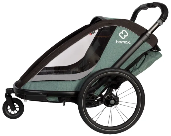 HAMAX Cocoon - dwuosobowa przyczepka rowerowa z zestawem do biegania | Green/Black