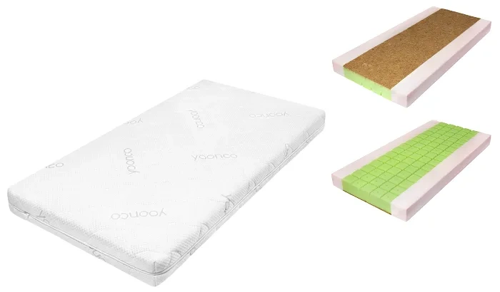 YOONCO - łóżeczko drewniane Iwi z barierką + materac Nature | Beż-Buk