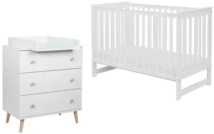 YOONCO - łóżeczko Iwi + komoda + przewijak miękki Meadow | Białe