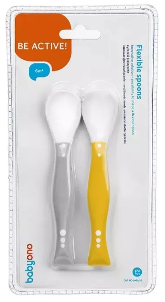 BABYONO - łyżeczki plastyczne dla niemowląt 6 m+ 2 szt. | żółta i szara