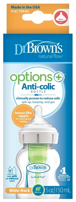 DR BROWN'S Options+ - antykolkowa, szeroka butelka 150 ml, poziom 1 | 0 m+