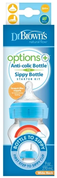 DR BROWN'S Options+ - antykolkowa, szeroka butelka 270 ml ze smoczkiem i ustnikiem 6 m+ | Niebieska