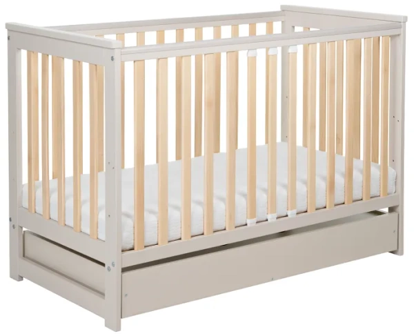 YOONCO - łóżeczko drewniane Iwi z szufladą i barierką + materac Wave | Beż-Buk