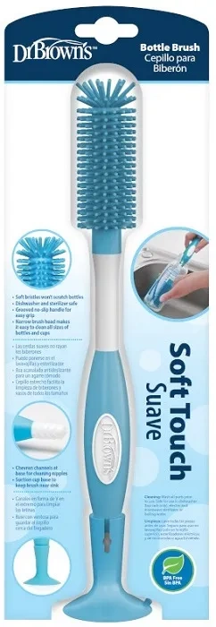 DR BROWN'S - silikonowa szczotka do butelek i smoczków z przyssawką | Niebieska