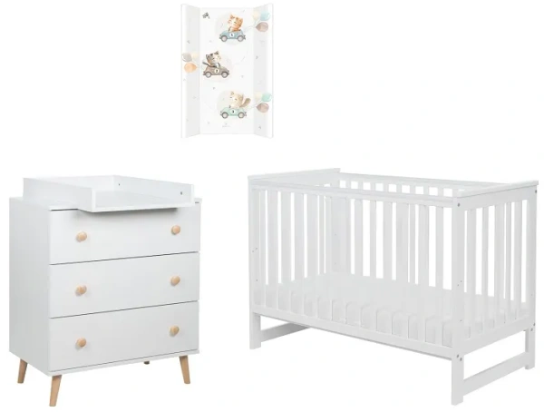 YOONCO - łóżeczko Iwi + komoda + przewijak miękki Kotek | Białe
