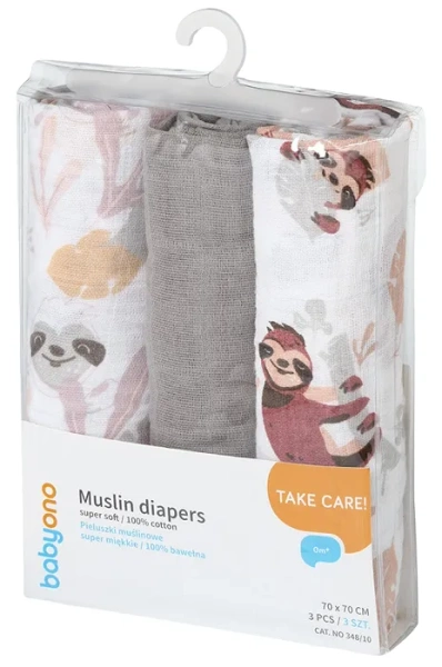 BABYONO - bawełniane pieluszki muślinowe 70x70 cm, zestaw 3 szt. | Jasnoszare