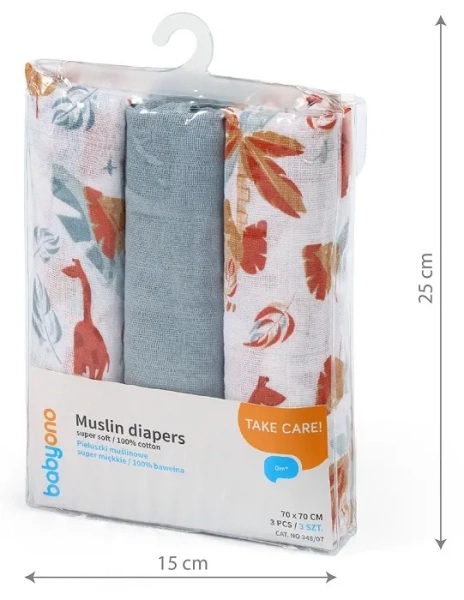 BABYONO - bawełniane pieluszki muślinowe 70x70 cm, zestaw 3 szt. | Szare