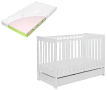 YOONCO - łóżeczko drewniane Iwi z szufladą i barierką + materac Wave | Białe