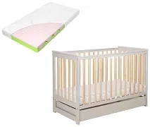 YOONCO - łóżeczko drewniane Iwi z szufladą i barierką + materac Wave | Beż-Buk