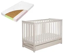 YOONCO - łóżeczko drewniane Iwi z szufladą i barierką + materac Nature | Beżowe