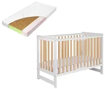 YOONCO - łóżeczko drewniane Iwi z barierką + materac Nature | Białe-Buk