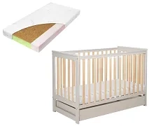 YOONCO - łóżeczko drewniane Iwi z szufladą i barierką + materac Nature | Beż-Buk