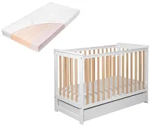 YOONCO - łóżeczko drewniane Iwi z szufladą i barierką + materac Air | Białe-Buk