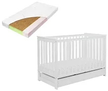 YOONCO - łóżeczko drewniane Iwi z szufladą i barierką + materac Nature | Białe