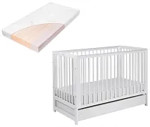 YOONCO - łóżeczko drewniane Timio z szufladą i barierką + materac Air | Białe