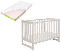 YOONCO - łóżeczko drewniane Iwi z barierką + materac Wave | Beż