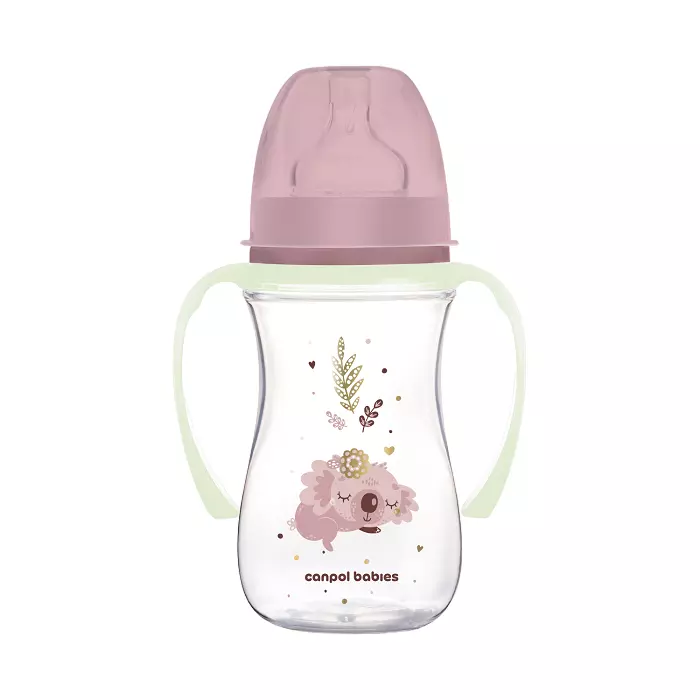 CANPOL BABIES - butelka szeroka antykolkowa ze świecącymi uchwytami PP EasyStart 240ml | Sleepy Koala różowa