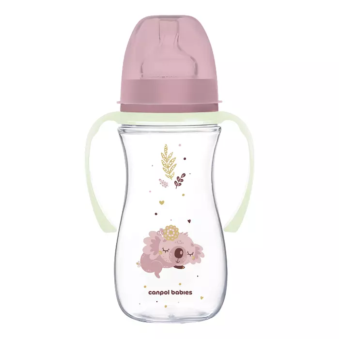 CANPOL BABIES - butelka szeroka antykolkowa ze świecącymi uchwytami PP EasyStart 300ml | Sleepy Koala różowa