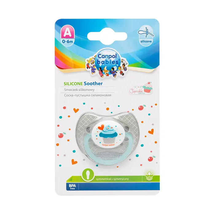 CANPOL BABIES - smoczek uspokajający silikonowy 0-6m symetryczny CUPCAKE | szary