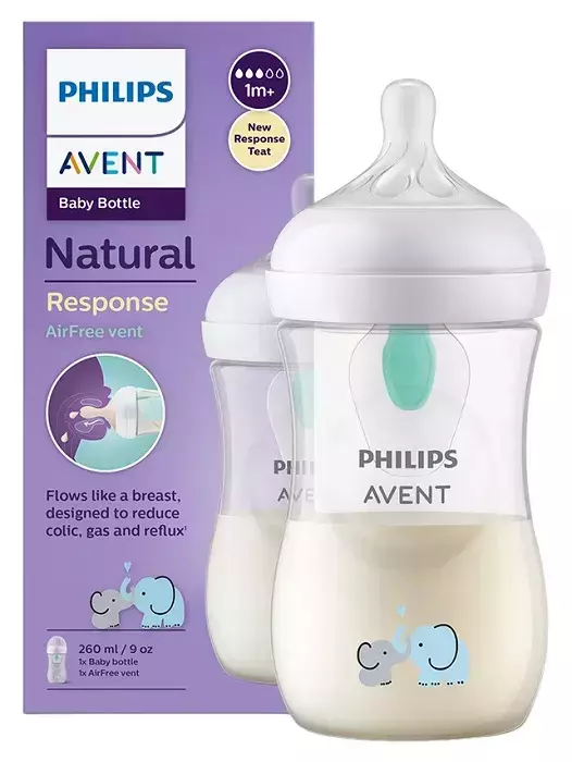 PHILIPS AVENT Natural Response - butelka z nakładką antykolkową AirFree 260 ml SŁOŃ | 1 m+